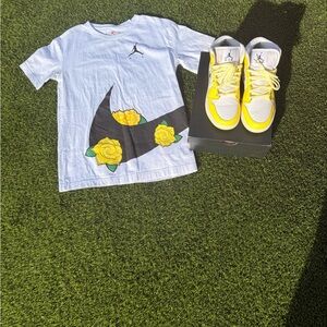 Jordan White Tee with Black Swoop and Yellow Rose Graphic